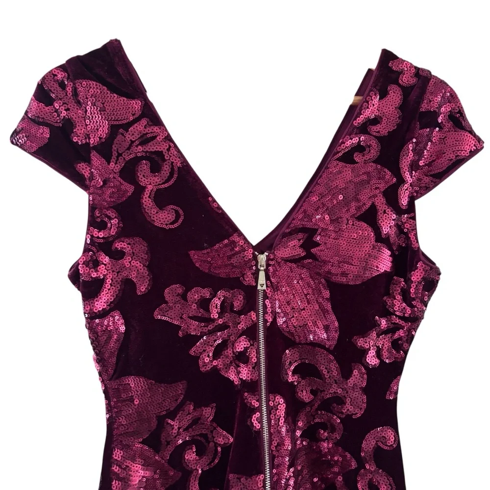 Guess Burgundy Velvet Sequin Mini Evening Dress Size 4 - Picture 12 of 17